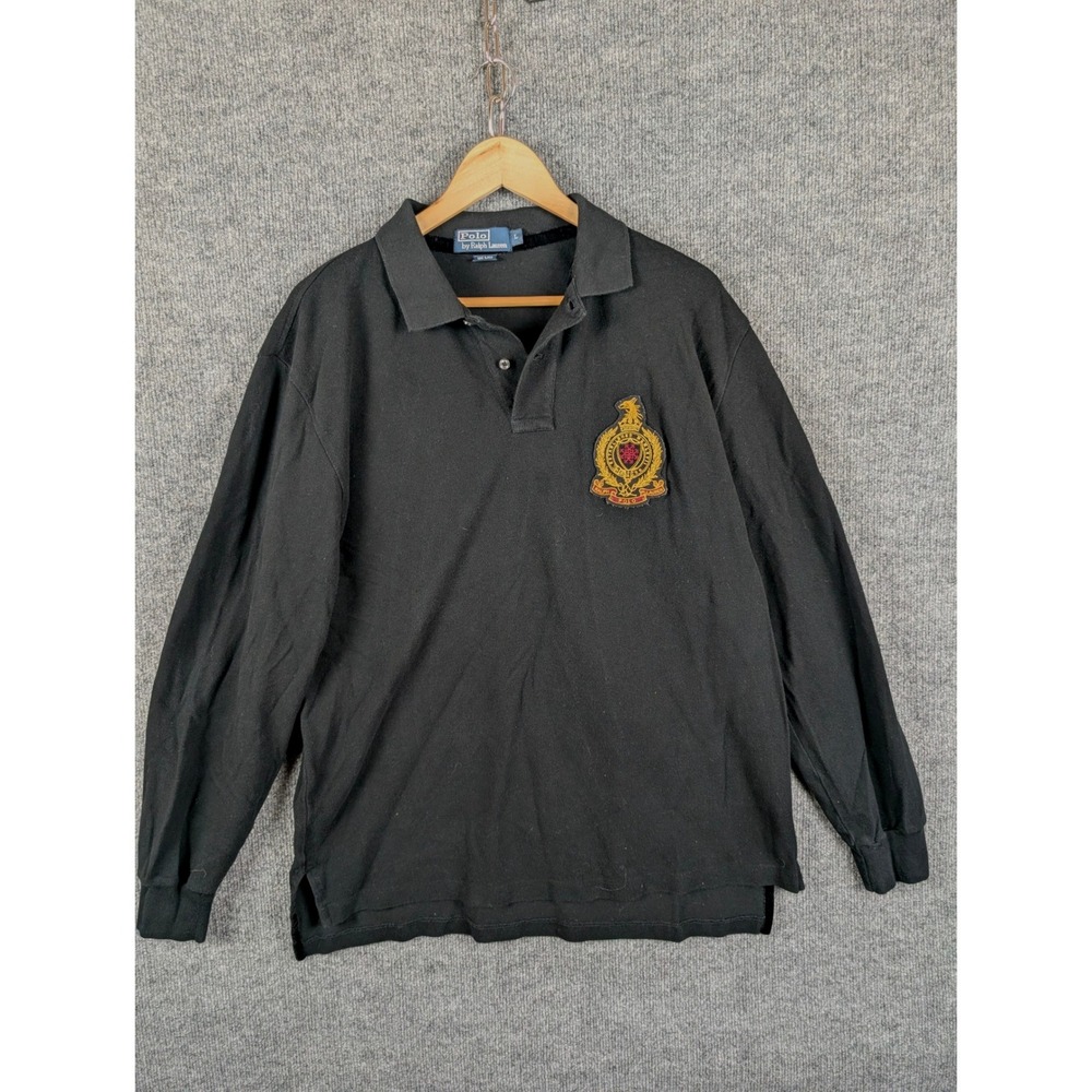 Polo Ralph Lauren Mens Black Long Sleeve Crest Logo Polo Shirt Large Vintage y2K